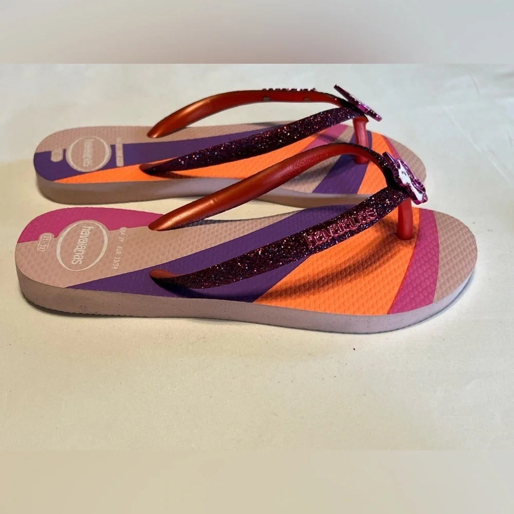 Havaianas flip flops slides sandals Girls 2 pink purple glitter rainbow unicorn - Picture 3 of 10